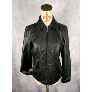 Kenneth Cole Reaction Women's M Black Calf Leather Jacket Spread Collar Full Zip